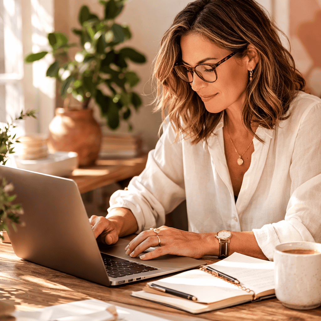 Woman over 50 working intently at a desk, representing the idea that hard work and effort beat natural talent every time.