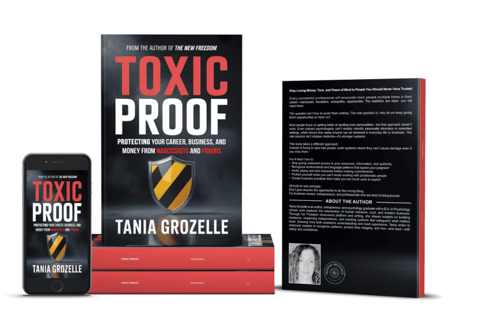 Toxic Proof book cover featuring shield icon, author Tania Grozelle, and a smartphone display.